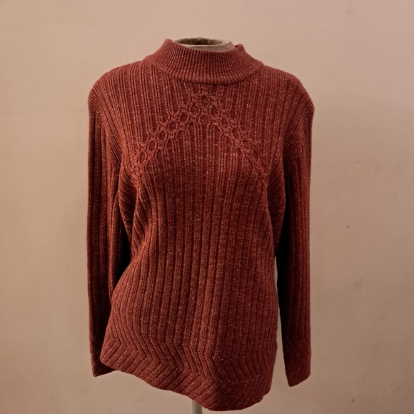 Rena Rowan Sweaters - Vintage Rena Rowan Women's 1X Metallic Rust Mock Turtleneck Cable Knit Sweater